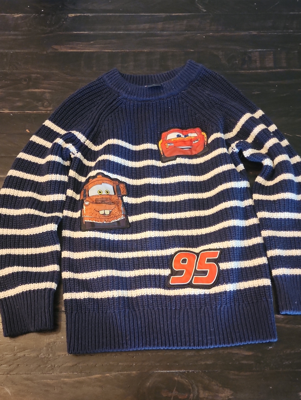 Disney-Boys Navy & White Striped Sweater with Racing Patches